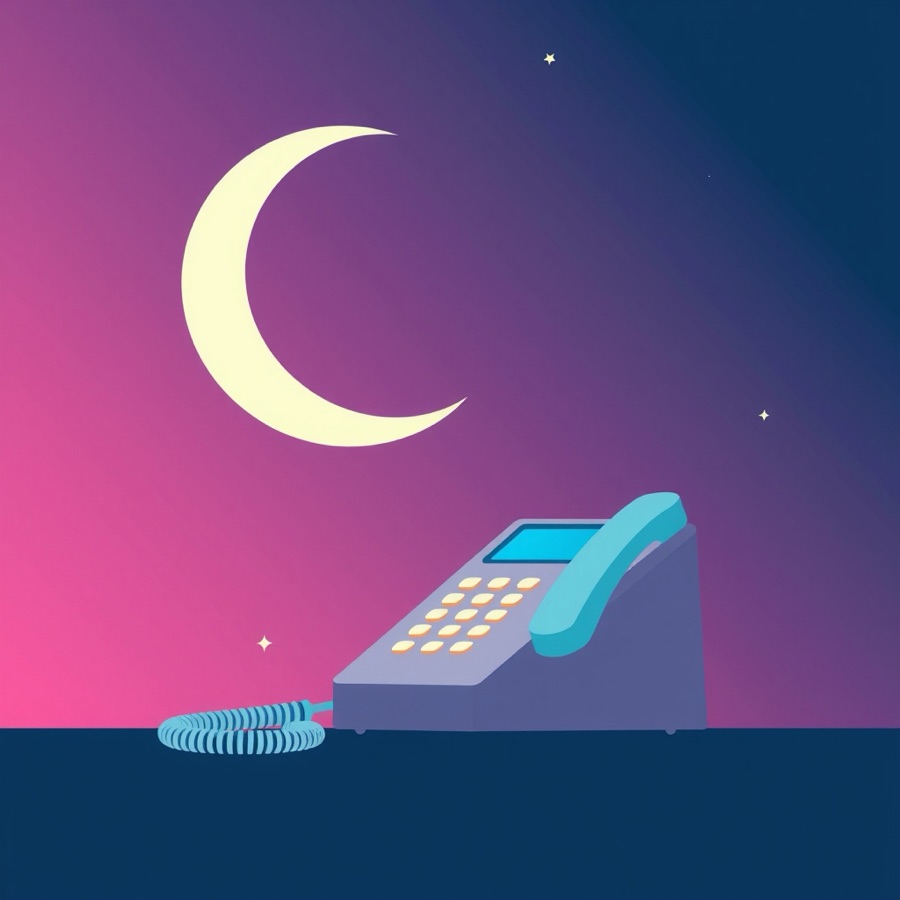 Flat illustration of a crescent moon above a desk telephone