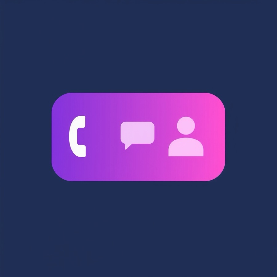 Flat illustration of a phone headset, a chat bubble, and a person badge icon side by side
