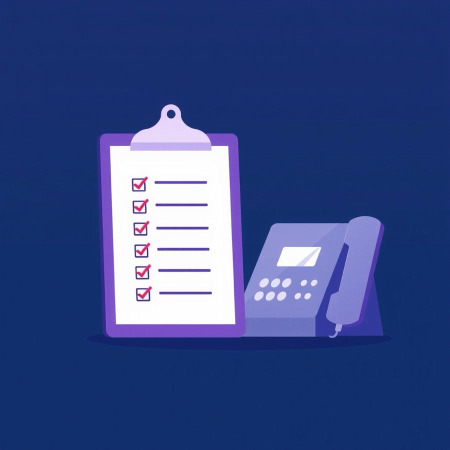 Flat illustration of a checklist clipboard next to a desk phone