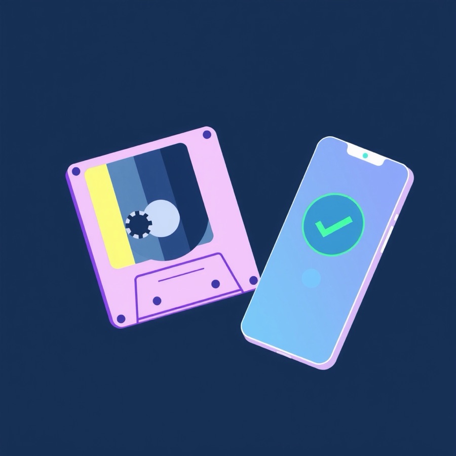 Flat illustration of a cassette voicemail tape next to a phone with a checkmark