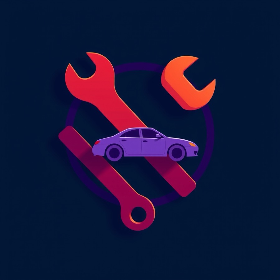 Flat illustration of a wrench crossed with a car silhouette next to a ringing phone