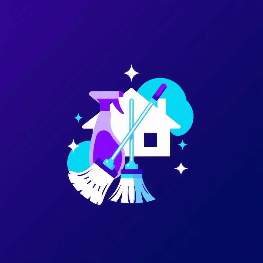 Flat illustration of a spray bottle and mop crossed in front of a house, with sparkle accents
