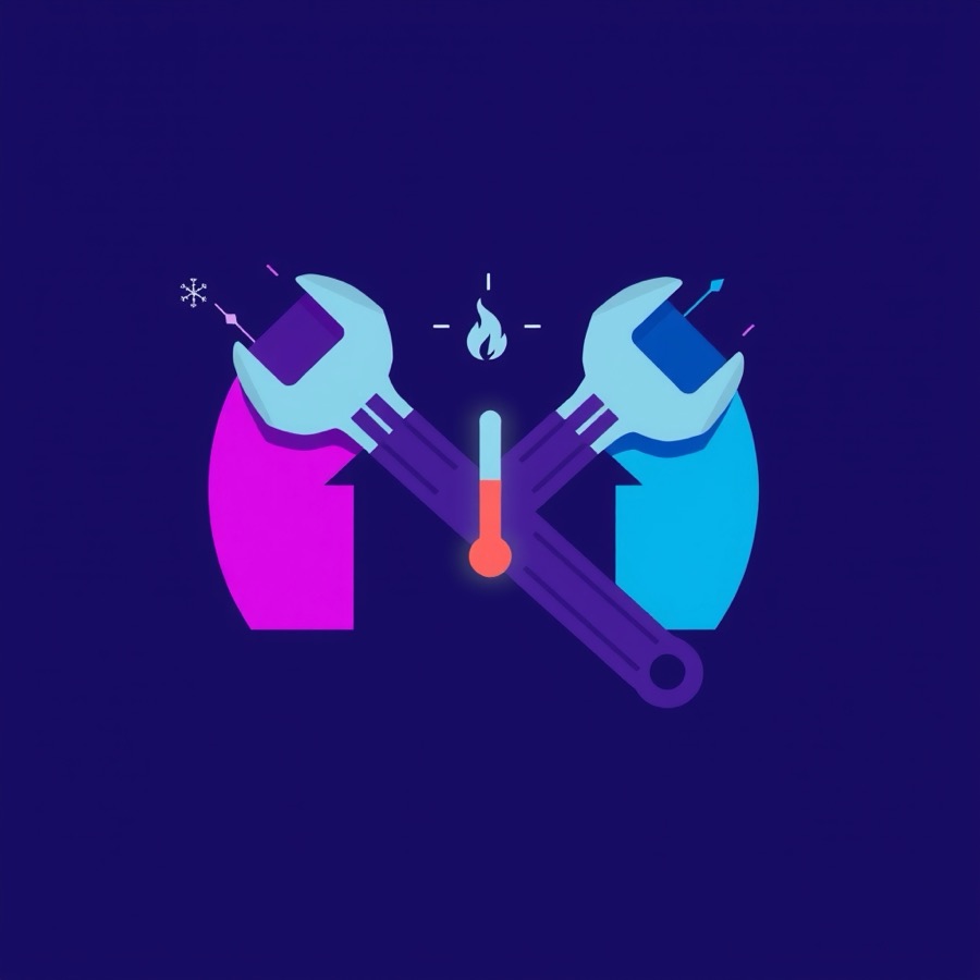 Flat illustration of crossed wrenches and a thermometer in front of a house, representing HVAC and plumbing automation