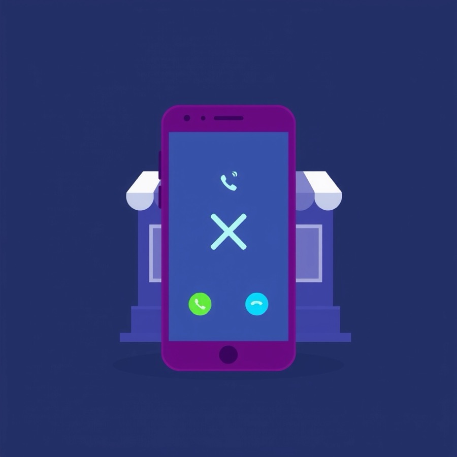 Flat illustration of a smartphone showing a missed call in front of a small storefront