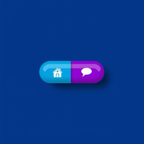 Flat illustration of a house icon next to a chat bubble