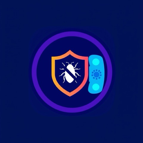 Flat illustration of a shield with a bug silhouette crossed out next to a ringing phone