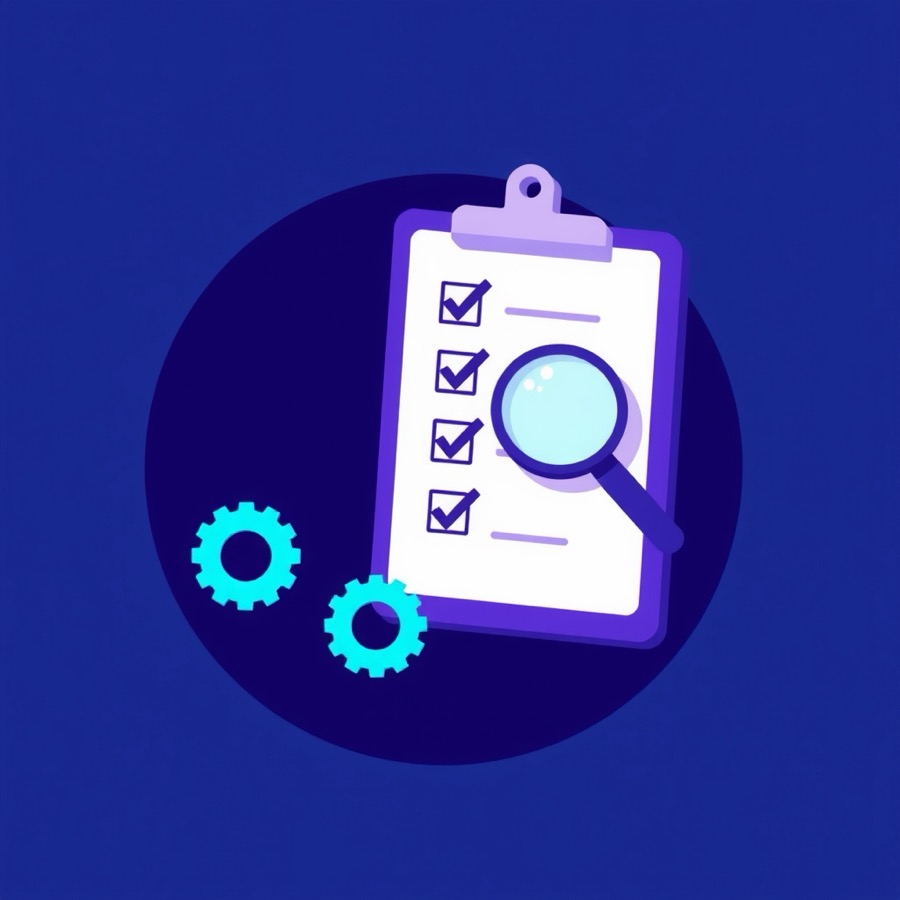 Flat illustration of a checklist on a clipboard with a magnifying glass and gears