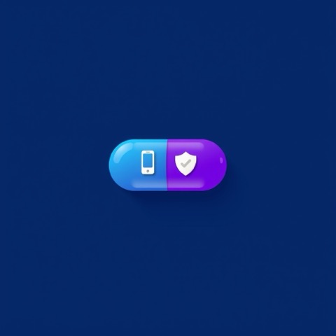 Flat illustration of a mobile phone next to a shield with a checkmark